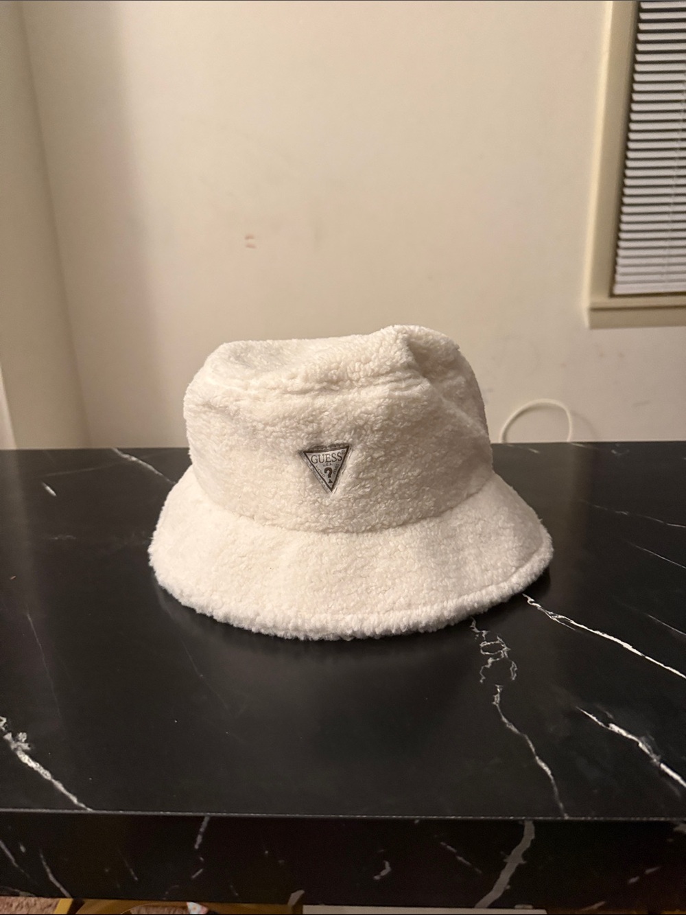 Guess Kids Cream Sherpa Bucket Hat with Logo Triangle